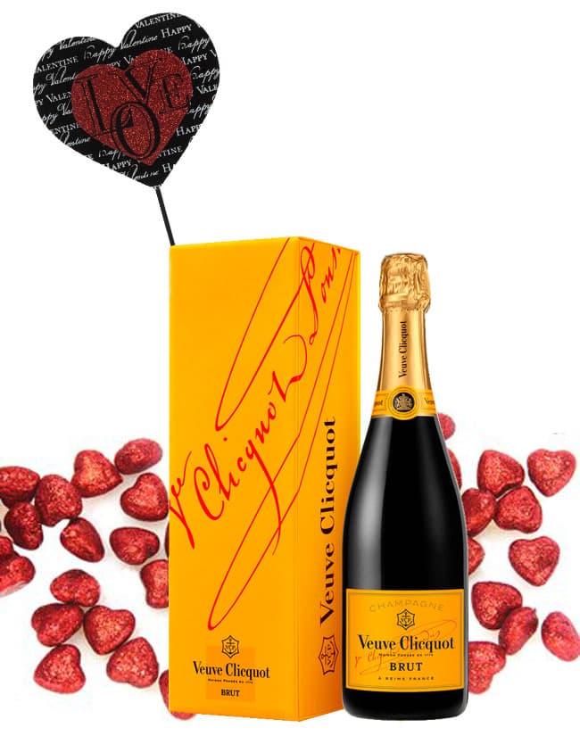Veuve Clicquot Brut with Black & Red Script Heart Wood Pick