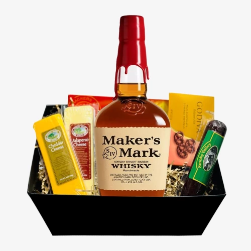 Makers mark and Cheese Gift Basket is beautifully handcrafted in small batches to create a smooth and fine flavoured bourbon whiskey.