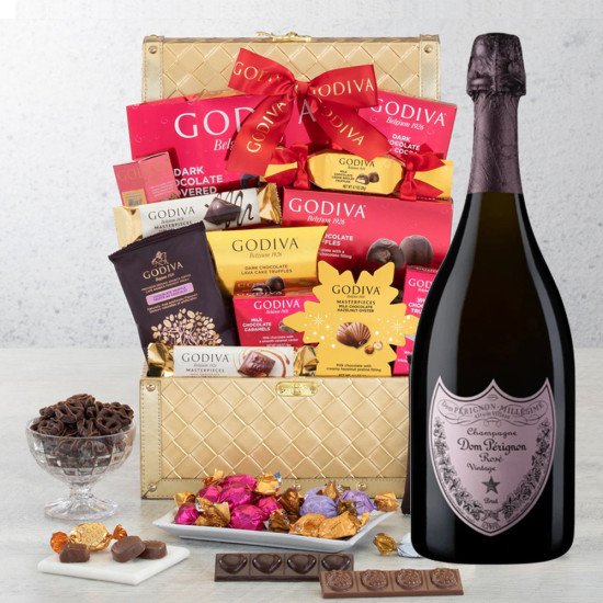 Dom Pérignon Rose Brut Champagne with Golden Gift Basket