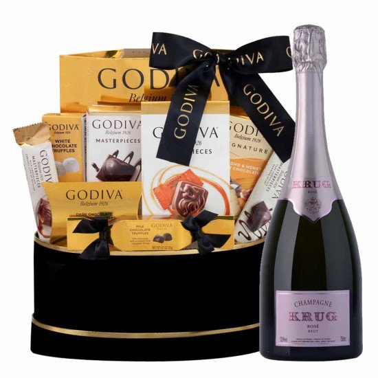 Krug Rose Champagne and Black Godiva Chocolate Gift Basket