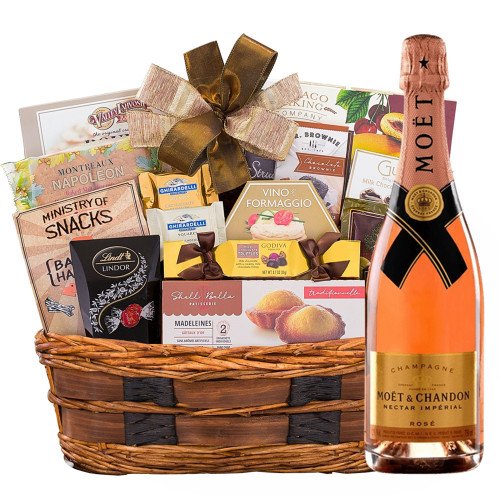 Shop Online Bon Appetit Gourmet Gift Basket With Delicate Moet & Chandon Rose For Your Mom