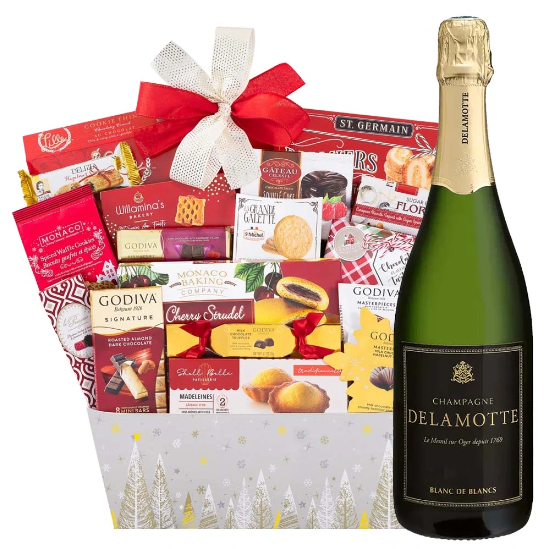 Delamotte Blanc the Blancs Champagne bottle with Holiday Wishes Gourmet Gift Basket