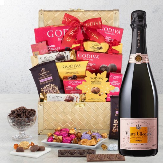 Veuve Clicquot Rose Champagne With Golden Gift Basket