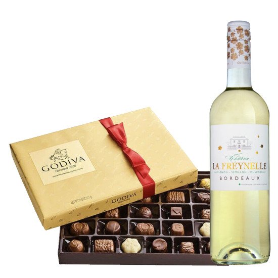 Chateau La Freynelle Bordeaux Blanc French Wine and Godiva 26 PC gift Set