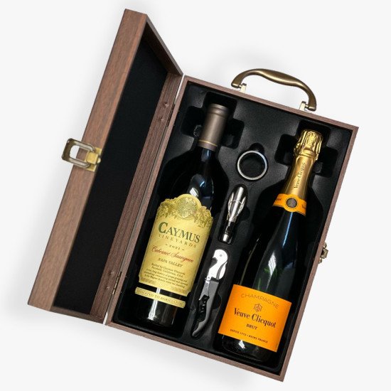 Wine and Champagne Gift Set (Veuve Clicquot Brut + Caymus Wine) in Wooden Box