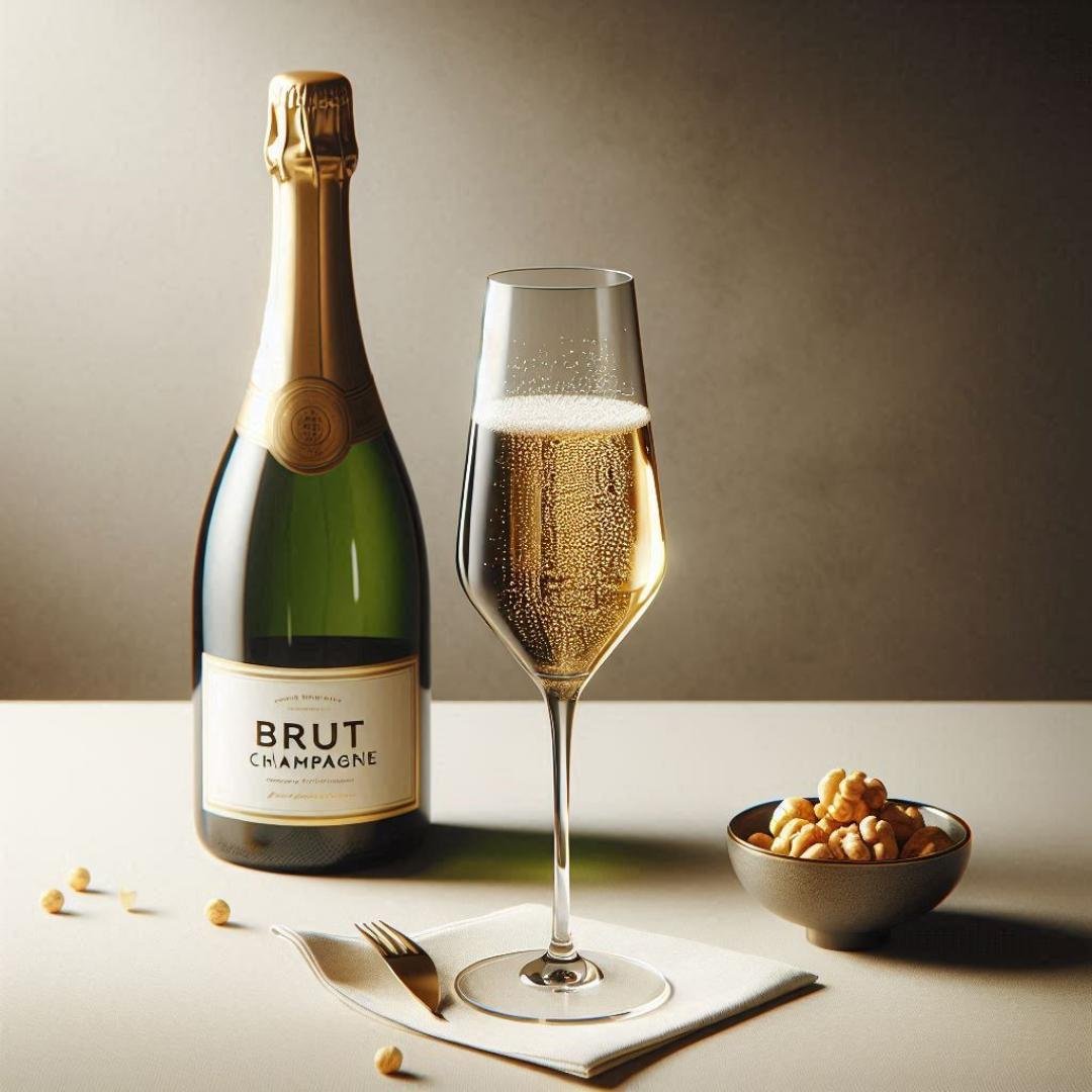 A single glass of golden Brut champagne with sparkling bubbles placed next to a bottle labeled