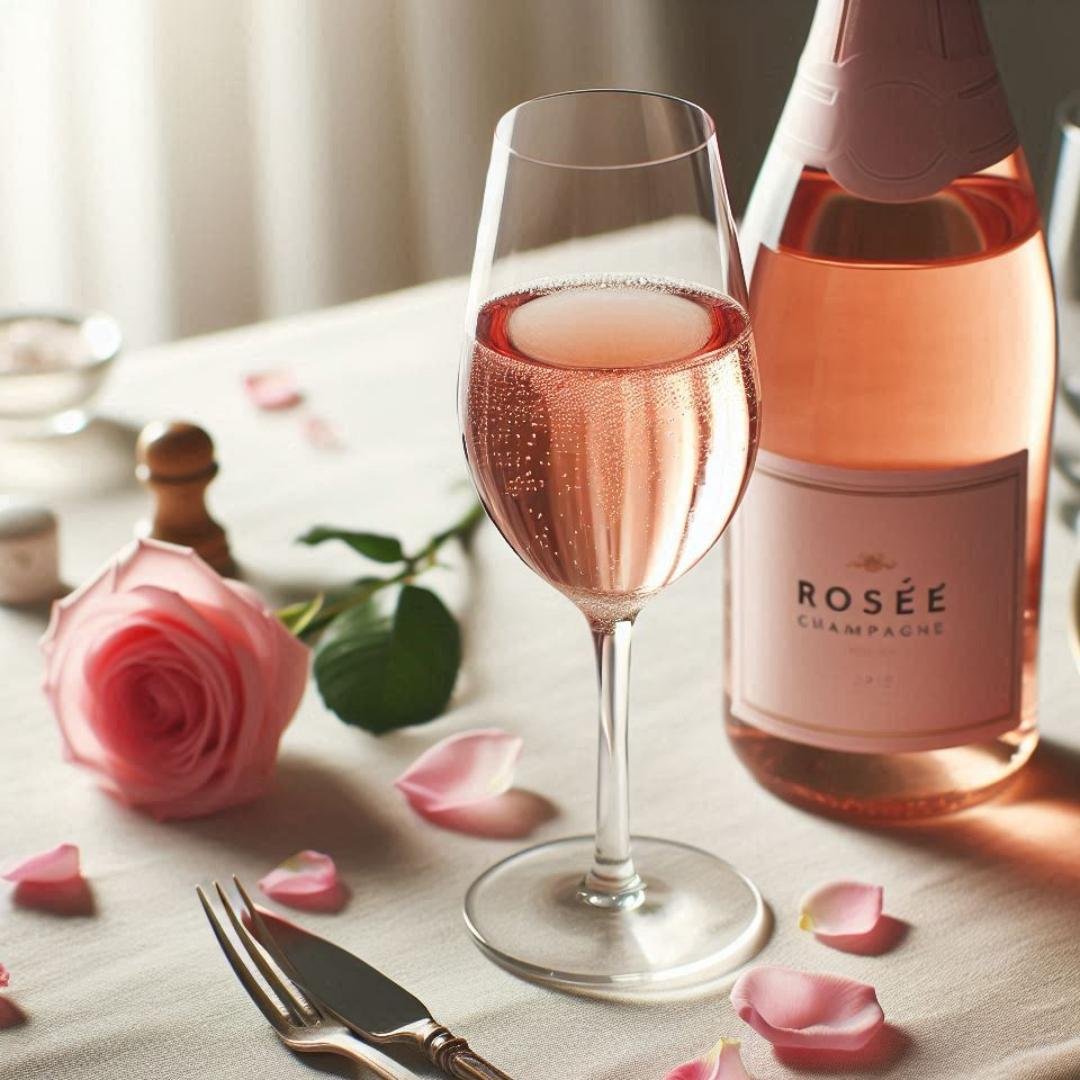 A single glass of pink Rosé champagne with visible bubbles placed next to a bottle labeled "Rosé Champagne," on a stylish table